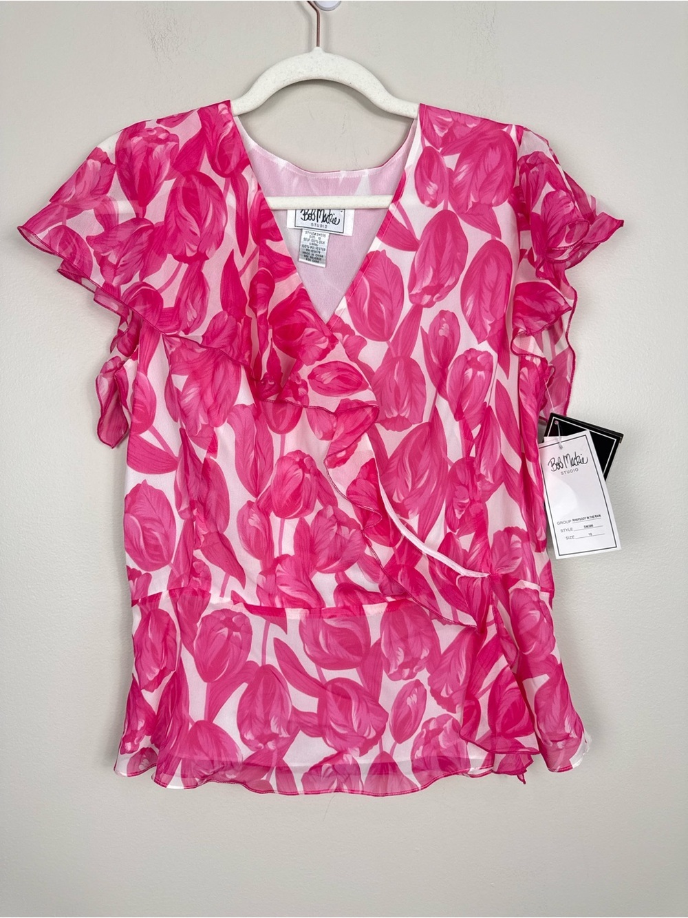 Bob Mackie Silk Top Women 10 White Pink Ruffle Floral Vacation Preppy NWT Shirt